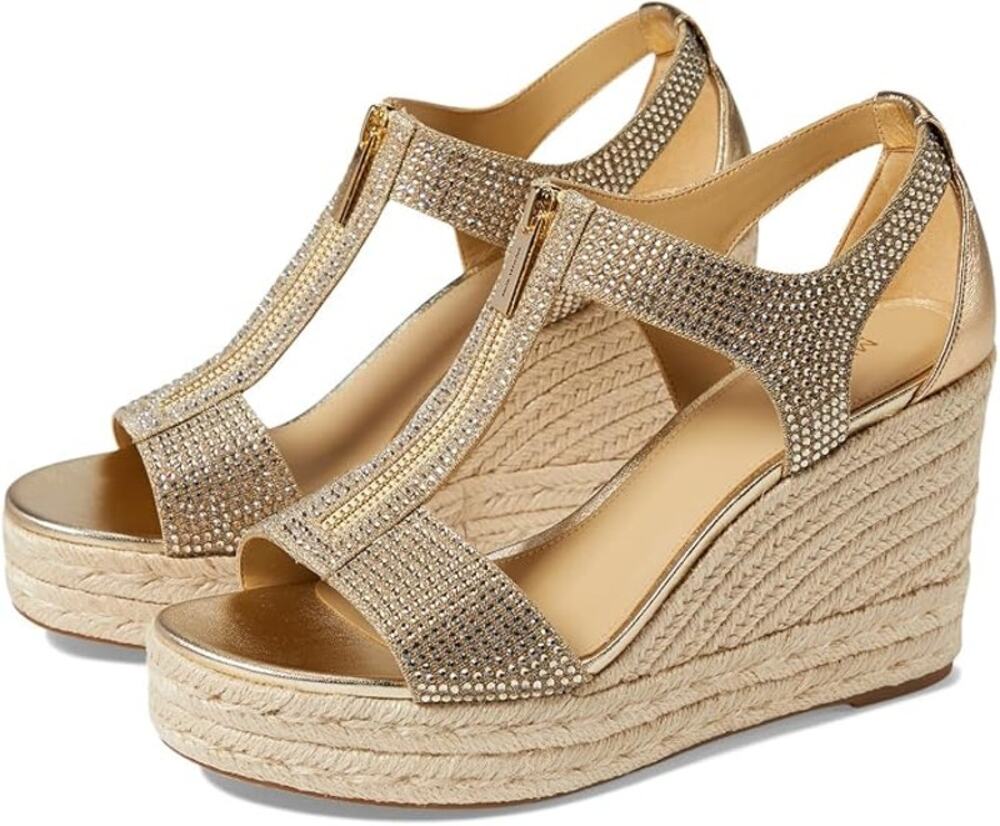 Michael Kors Womens Sandals Berkley Espadrille Wedge Heels Pale Gold Crystal 9.5